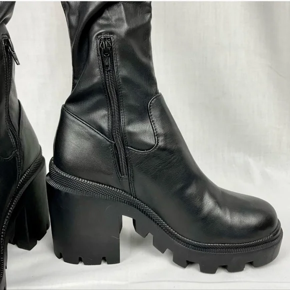 Steve Madden Black Platform Boots Tall Faux Leather Roxanna Lug Sole New - Picture 4 of 8